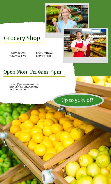 This template shows elements perfect for advertising a grocery store. It highlights fresh produce like lemons alongside an inviting environment with friendly staff. It is ideal for promotions, sales flyers, and online ads focused on organic products and discounts. Use for announcements about special offers, business hours, and contact information.