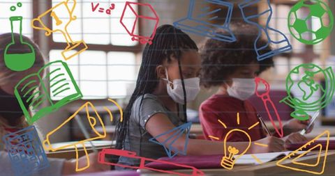 Schoolchildren Wearing Masks with Educational Icons Overlay