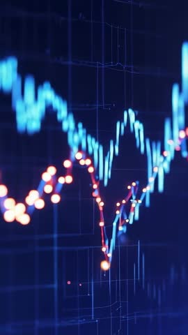 Vertical stock market chart showing blue line dipping then rising with red dot highlights