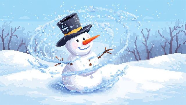 Pixel art snowman spinning in snowy field wearing top hat and carrot nose