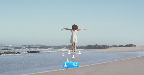 Social Media Engagement Visualized on Serene Beach Setting