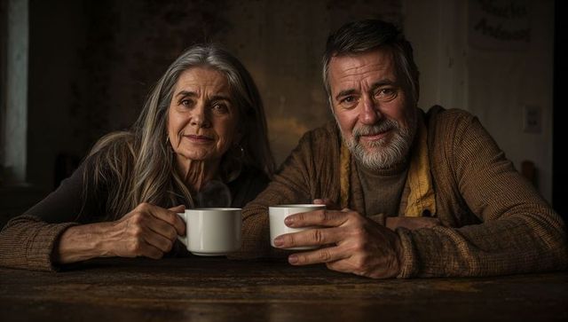 Senior couple sharing warm mugs, cozy rustic morning, intimate hearthside connection