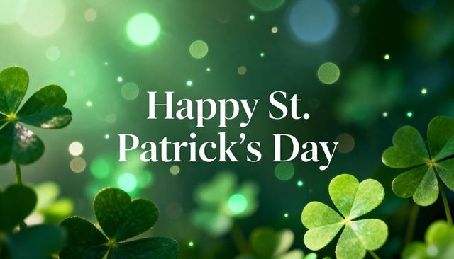 Happy st. Patrick's day greeting with clover close-up and green bokeh sparkles