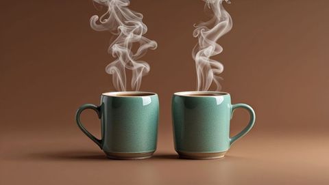 Teal ceramic mugs on brown table with steam and tranquil vibe