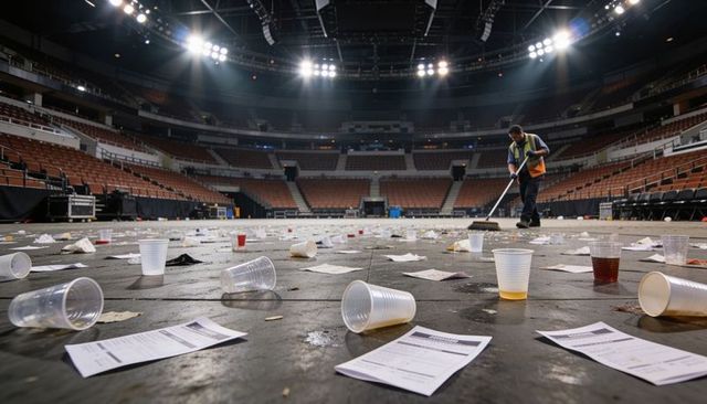 Cleaning crew sweeping arena floor after concert, cups and flyers scattering, empty seats