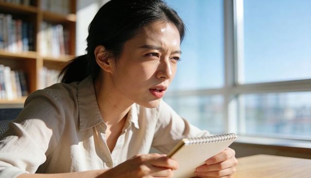 Asian woman squinting at spiral notebook in sunlit study expressing focus and puzzlement