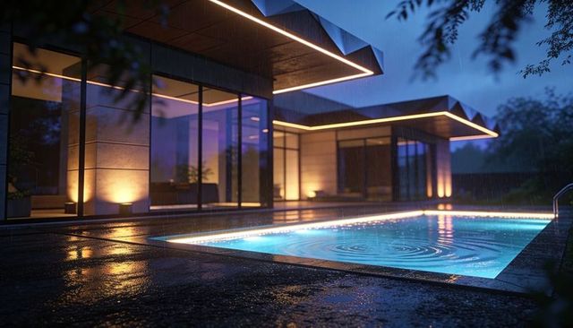 Modern rainy night poolside terrace with illuminated rectangular pool and glass facade