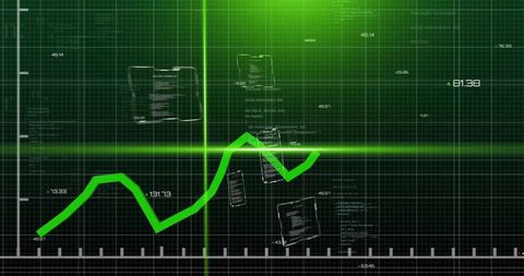 Tracking neon green trend line across futuristic analytics HUD with grid and crosshair