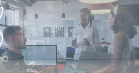 Colleagues Discussing Project Overlaid with Urban Cityscape