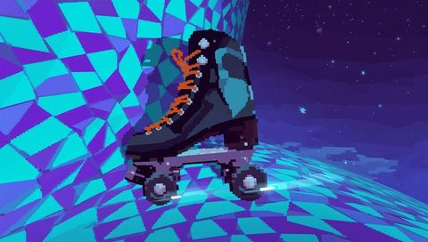 Hovering pixel art roller skate with neon teal panels and orange laces in cyberpunk night