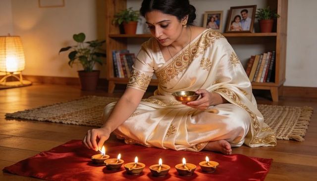 Woman in cream-gold silk saree lighting row of diyas with brass bowl for diwali home ritual