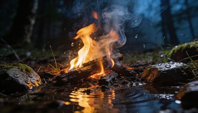 Campfire burning on wet forest floor with glowing embers and raindrop reflections