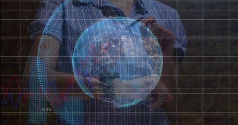 Holding holographic earth with financial charts and growth percentages for fintech concepts