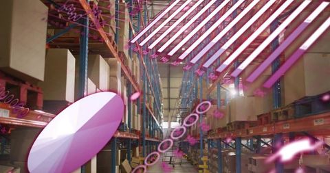 Futuristic warehouse aisle featuring magenta holograms, neon overlay and pallet racking