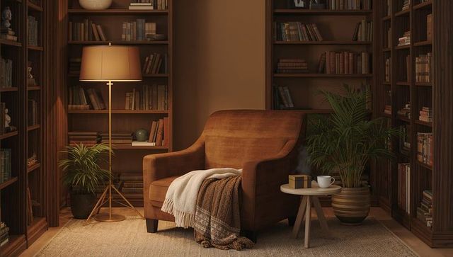Cozy brown armchair in warm home library nook with floor lamp and coffee cup