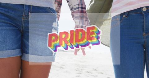 Lesbian Couple Holding Hands With Rainbow Pride Theme