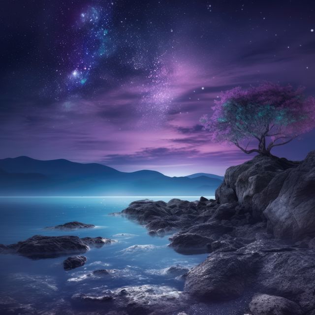 Starry night sky over rocky and green island in sea, created using generative ai technology. Fairy tale, dream, mythology and historical fantasy concept digitally generated image.