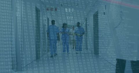 Medical Team Walking Through Digital Hospital Corridor