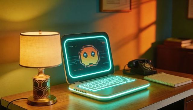 Retrofuturistic neon clamshell laptop glowing cyan with pixel emoticon on wooden desk