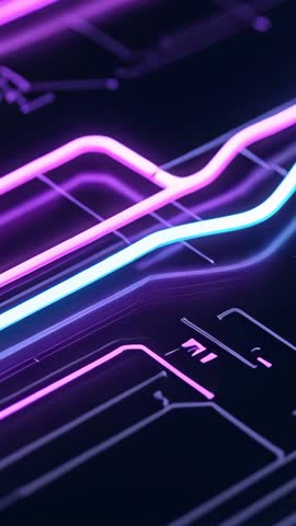 Neon lines sliding and undulating across futuristic circuit board, pulsing glow loop