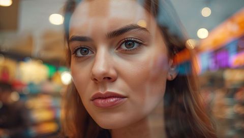 Gazing woman peering through reflective glass amid colorful retail bokeh lights