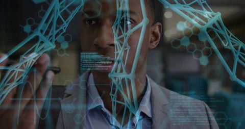 Scientist in Lab as a Futuristic Innovator Interacting with Digital Interface