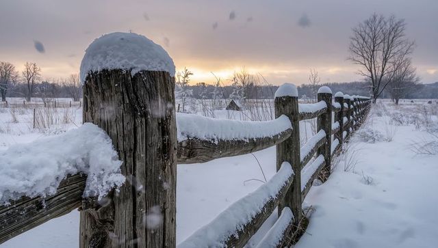 Snow-capped split-rail fence leading through winter meadow at soft sunrise glow
