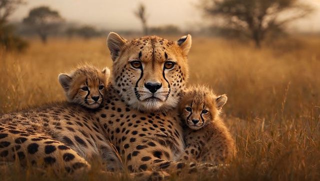 Protective Cheetah Mother with Playful Cubs in Golden Savannah