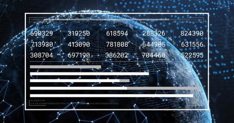 Futuristic global data hud displaying numeric grid, telemetry bars, network nodes over earth
