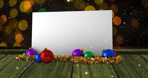 Blank Festive Card with Christmas Ornaments and Falling Snow