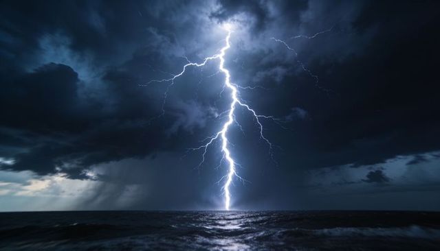 Powerful lightning striking ocean at night reflecting on churning waves under dark storm clouds