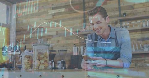 Barista Explores Business Analytics on Smartphone in Coffee Shop