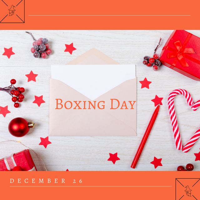 Greeting card and Christmas decorations on white background perfect for Boxing Day promotions or celebrations. Image captures festive atmosphere with an envelope, candy cane, and Christmas ornaments. Ideal for social media posts, holiday-themed marketing materials, or retail advertisements focused on holiday sales.