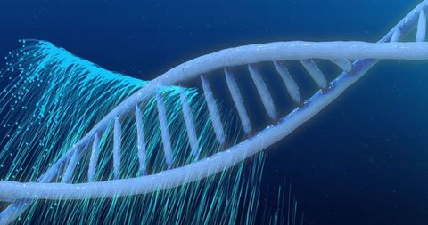 Digital dna strand with neon spots on blue background