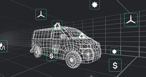 3D Wireframe Van with Eco Icons and Data Analysis Elements - Download Free Stock Images Pikwizard.com