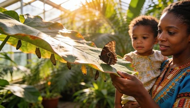 Mother holding toddler exploring butterfly conservatory with large leaf and chrysalises