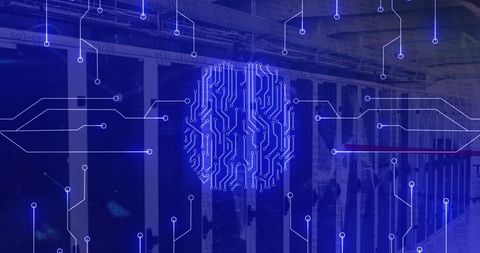 Neon brain with digital network overlay in server room