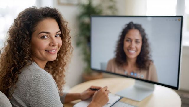 Smiling woman writing notes during remote video meeting at modern home office workspace