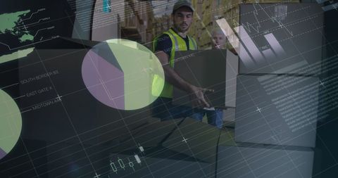 Data Illustrations Over Warehouse Worker Packing Boxes - Download Free Stock Images Pikwizard.com