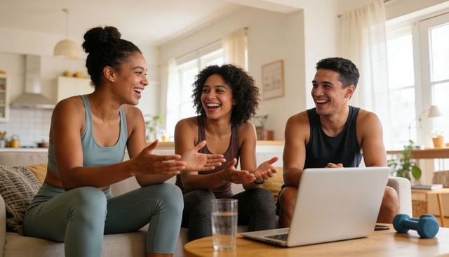 Laughing friends in activewear watching workout on laptop sharing at-home fitness motivation