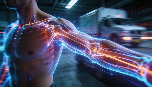 Athletic male torso with holographic arm anatomy overlay showing shoulder, bones, motion