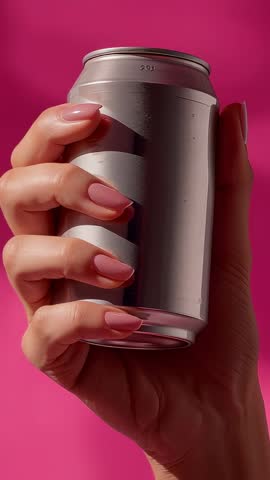Rotating Metallic Can with Manicured Hand Against Fuchsia Backdrop | Vertical Product Reveal