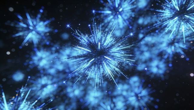 Electric blue starburst explosion background, neon particle burst with glowing bokeh