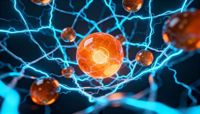 Glowing orange energy orb emitting neural-like cyan filaments with floating molten spheres