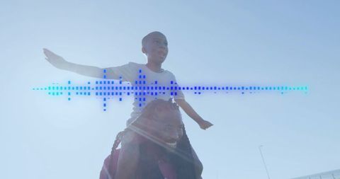 Father carrying son on shoulders smiling under bright sky with blue audio waveform overlay