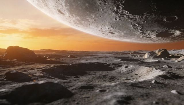 Sunset-lit lunar landscape with giant looming moon above cratered regolith and boulders