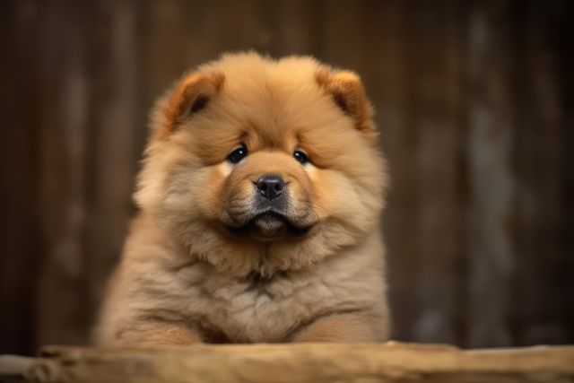 Portrait of cute chow chow puppy on brown background, created using generative ai technology. Animal, puppy, pet and dog concept digitally generated image.