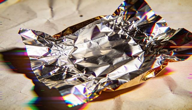 Crumpled aluminum foil reflecting iridescent highlights and casting dramatic shadow