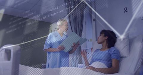 Nurse consulting patient at bedside with digital health data overlay and clinical chart