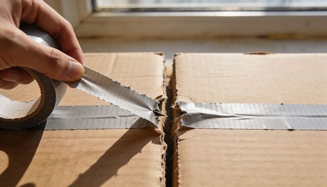 Closeup Hand Peeling Gray Duct Tape from Corrugated Cardboard Boxes by Window with Tear